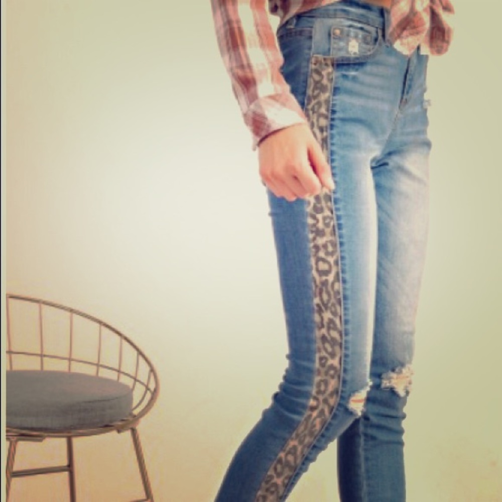 Leopard side denim skinnies